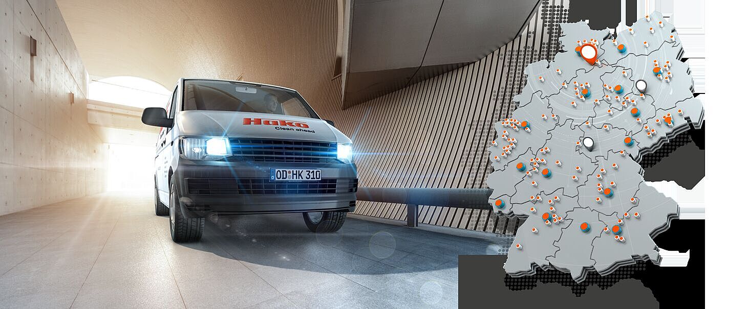 Übersicht der Kontakt- und Servicepunkte des Kundendienstes eines Herstellers von Reinigungsgeräten.